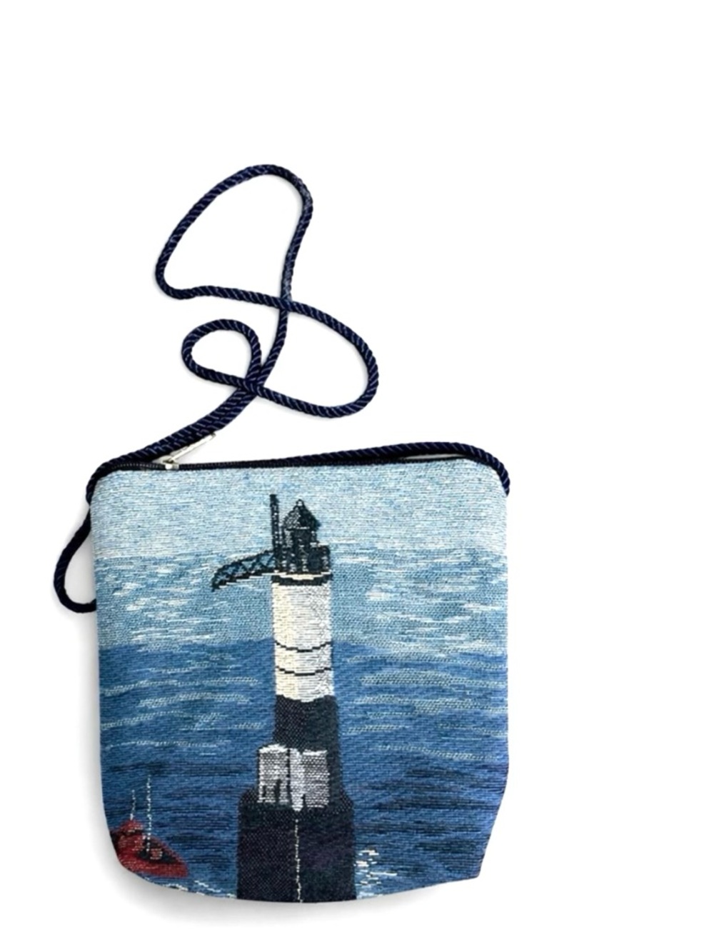 🎁🆕 Reversible Tapestry Crossbody Bag • Lighthouse & Geometric • Blue Beige